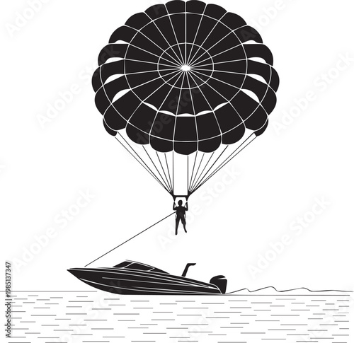Person parachuting from a small boat into calm waters with an open parachute