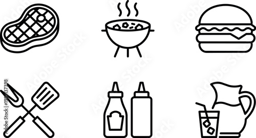Barbecue grill steak burger and condiments icon set