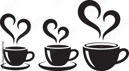 Three steaming coffee cups with heart-shaped designs emanating from them.