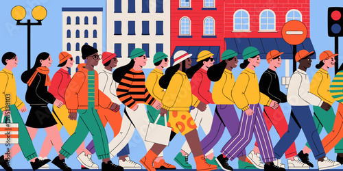 Large diverse crowd of people walking in city street, wearing colorful clothing, carrying bags, with buildings and traffic signals in the background