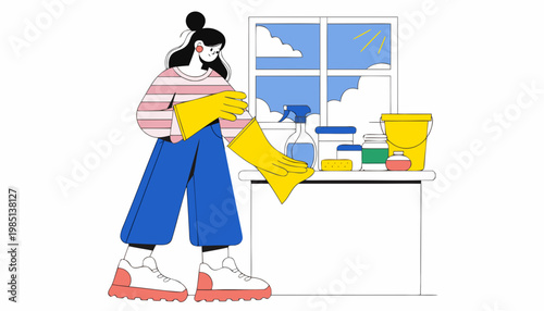 Young woman wearing yellow gloves prepares to clean a bright room with a window, showcasing cleaning supplies and a sunny atmosphere in a modern home setting