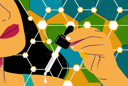 Medical aesthetic vector illustration of a hand holding a dropper with a serum CBD Oil or Cannabidiol, featuring a colorful geometric background and a stylized face in profile