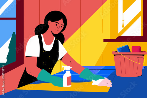 Young woman with black hair wearing green gloves cleans a countertop cleaning of home with a spray bottle in a brightly lit room featuring a window and a basket