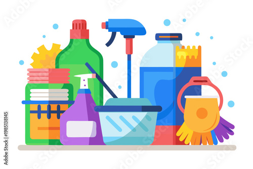 Set of colorful household cleaning supplies arranged on a flat surface, including spray bottles, gloves, and containers for various cleaning of home tasks
