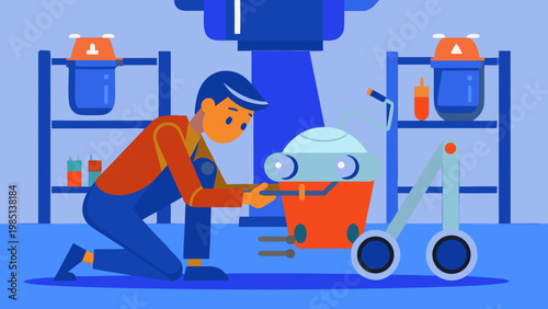 Technician kneeling beside disassembled cleaning robot in workshop, surrounded by shelves of tools and cleaning supplies, focused on mechanical components and assembly