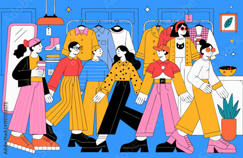 Fashion boutique illustration featuring diverse women in stylish outfits walking among colorful clothing racks and accessories in a vibrant store interior