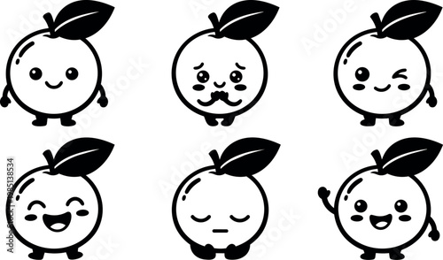 Black and white happy sad winking cute orange fruit emoji faces vector art