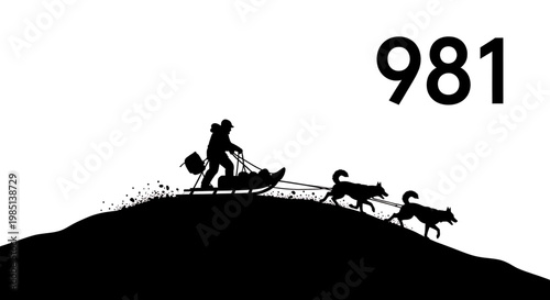 A minimalist vector graphic illustration of a person pulling a sled with dogs on a hill