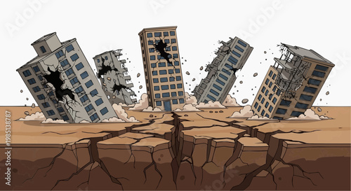 Earthquake Disaster Collapsed Buildings Cracked Ground Scene