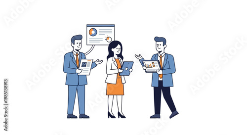 Business people discussing data charts.