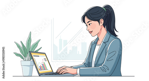 Woman working on laptop computer.