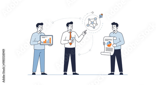 Businessmen discussing data and graphs.