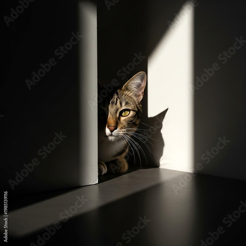 cat partially hidden in dramatic light and shadow