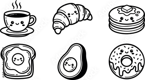 Cute black and white kawaii breakfast food icons with faces coffee croissant pancakes toast avocado donut