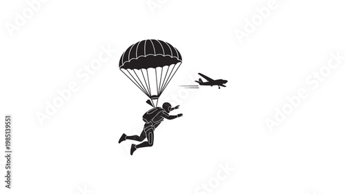 Parachutist Skydiving Icon Airplane Jump with Open Parachute for Adventure Military and Extreme Sports Concepts