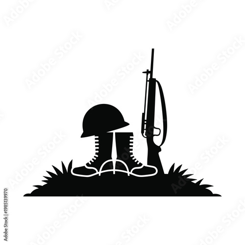 Silhouette of a traditional battlefield cross memorial with boots rifle and combat helmet