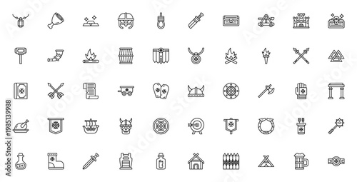 Viking icon set. Norse warrior vector symbols. Includes helmet, axe, shield, sword, ship, rune, skull, coin, armor and more. Editable stroke illustration.