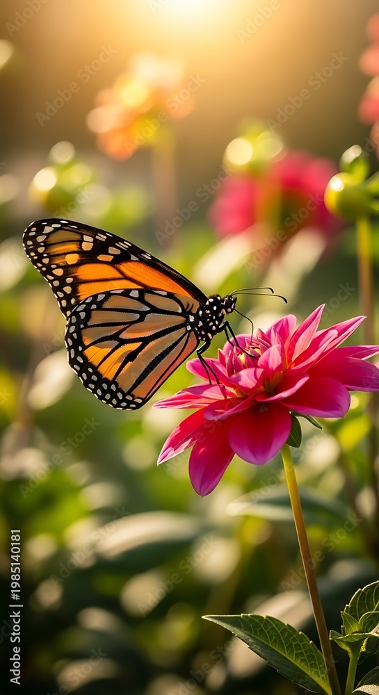 Obraz premium Monarch Butterfly on Pink Flower in Sunny Garden.
