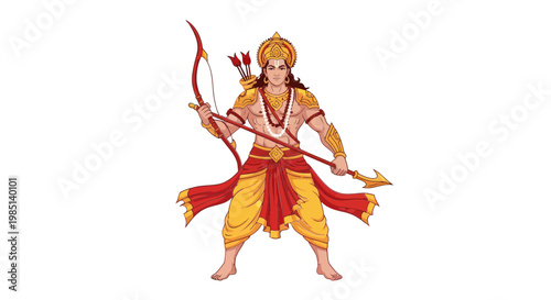 Lord Rama with Bow and Arrow, Hindu Deity, Warrior Pose, White Background
