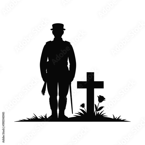 Soldier standing at attention by a grave with a cross and flowers military silhouette