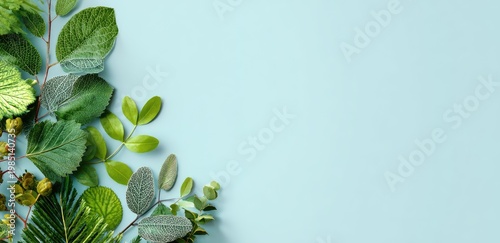 Lush green leaves arrangement on a pastel blue background. Nature-inspired, fresh aesthetic