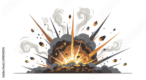 Explosion, blast, impact, force, fire, smoke, debris, energy, destruction, abstract