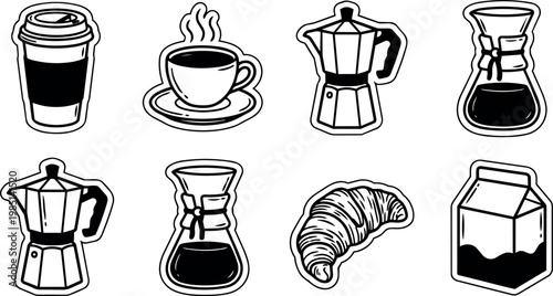 Black and white line art coffee cup croissant and milk carton icons