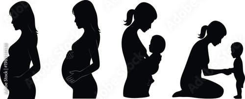 Professional pregnancy and motherhood silhouette set featuring expectant mothers and women with infants for parenting wellness