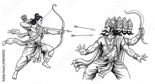 Lord Rama shooting arrows at Ravana, Hindu mythology illustration