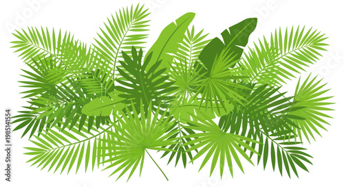 Lush Tropical Jungle Foliage Illustration, Exotic Green Leaves Background