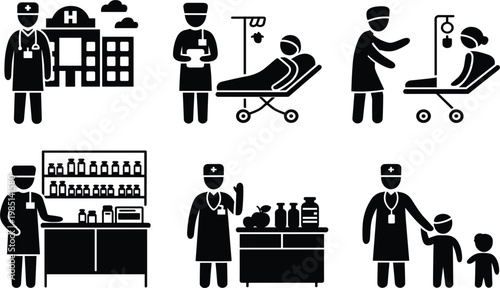 Professional healthcare silhouette set featuring medical staff treating patients in hospital clinic for nurse appreciation vector