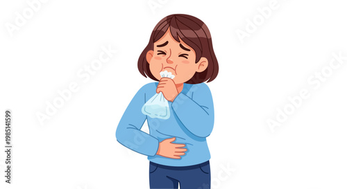 Woman feeling sick, holding a sick bag, nausea, stomach ache, illustration