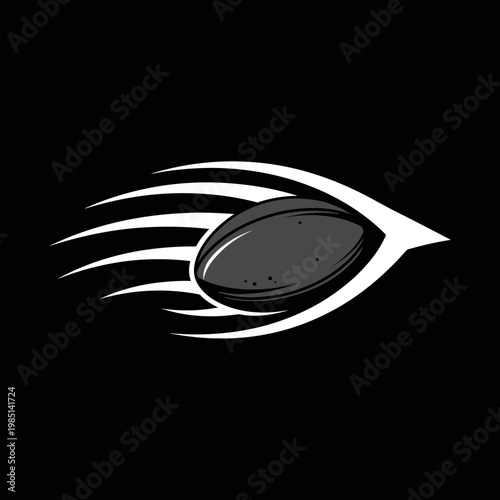 Rugby ball with abstract motion lines and eye shape.