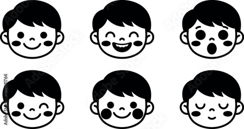 Black and white vector faces with varied happy surprised and calm expressions