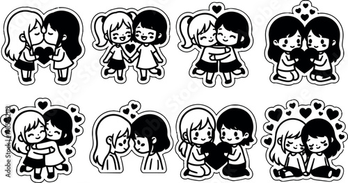 Black and white kawaii girls holding heart hugging and kissing vector art