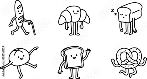 Bread and pastry characters with friendly faces and limbs