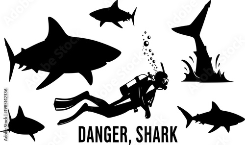 diver, scuba diver, diving, set, shark, anchor, animal, aquatic, attack, attention, background, black-and-white, coast, collection, cut, danger, danger sign, design, fear, fish, fishing, graphic, icon
