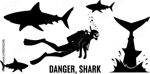 diver, scuba diver, diving, set, shark, anchor, animal, aquatic, attack, attention, background, black-and-white, coast, collection, cut, danger, danger sign, design, fear, fish, fishing, graphic, icon