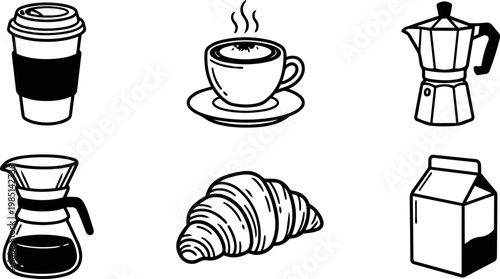 Coffee cup croissant and brewing equipment