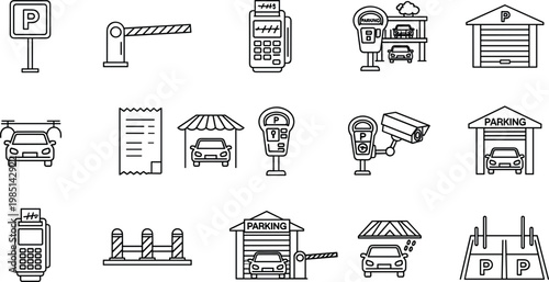 Set of Vector Illustrations Featuring Parking Meters, Barriers, and Parking Management Equipment for Urban and Transportation Designs