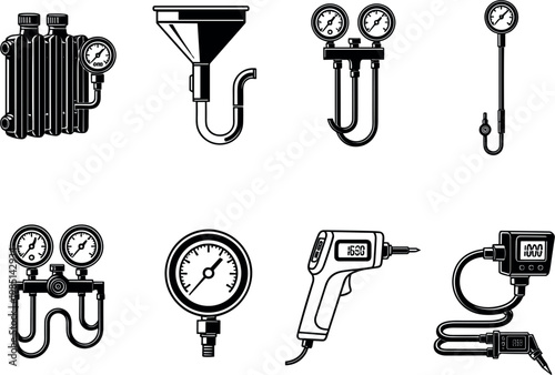 Set of Vector Illustrations Featuring Pressure Gauges, Measuring Tools, and Industrial Instruments for Mechanical and Technical Applications