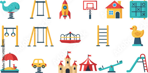 Set of Fun Playground Equipment Illustrations Including Swings, Slides, Rocket, Carousel, and Sandpit for Children's Play Area Designs
