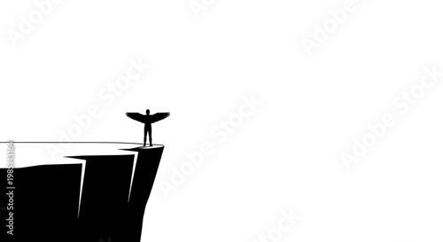 A minimalist vector graphic illustration of a person standing on the edge of a cliff with arms outstretched