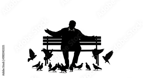 A minimalist vector graphic illustration of a man sitting on a bench surrounded by pigeons in a flat design style
