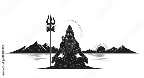 Lord Shiva Meditating at Sunrise with Trishul and Mountains - Hindu Deity
