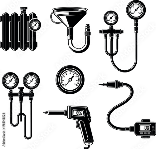 Set of Vector Illustrations Featuring Various Industrial Tools and Pressure Measuring Instruments for Technical and Mechanical Designs