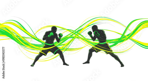 Two boxers fighting with green and yellow abstract waves background
