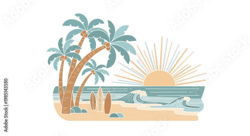 Tropical Beach Scene with Palm Trees, Surfboards, and Ocean Waves at Sunrise