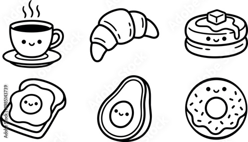 Cute black and white breakfast food icons smiling hot coffee croissant pancake donut egg toast avocado