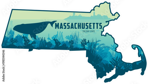 vector Massachusetts sticker design withRight Whale and Truro Cape Cod Highland Lighthouse	